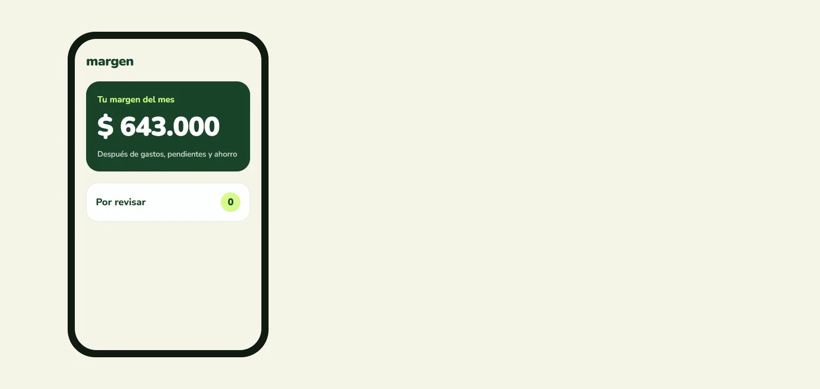 Un teléfono con Margen: llega el aviso de un pago de $ 12.500, queda en «Por revisar» y al confirmarlo el margen del mes baja de $ 643.000 a $ 630.500.